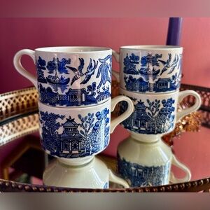Set of 4 1970's Churchill England Blue Willow Chinoiserie Transferware Mugs